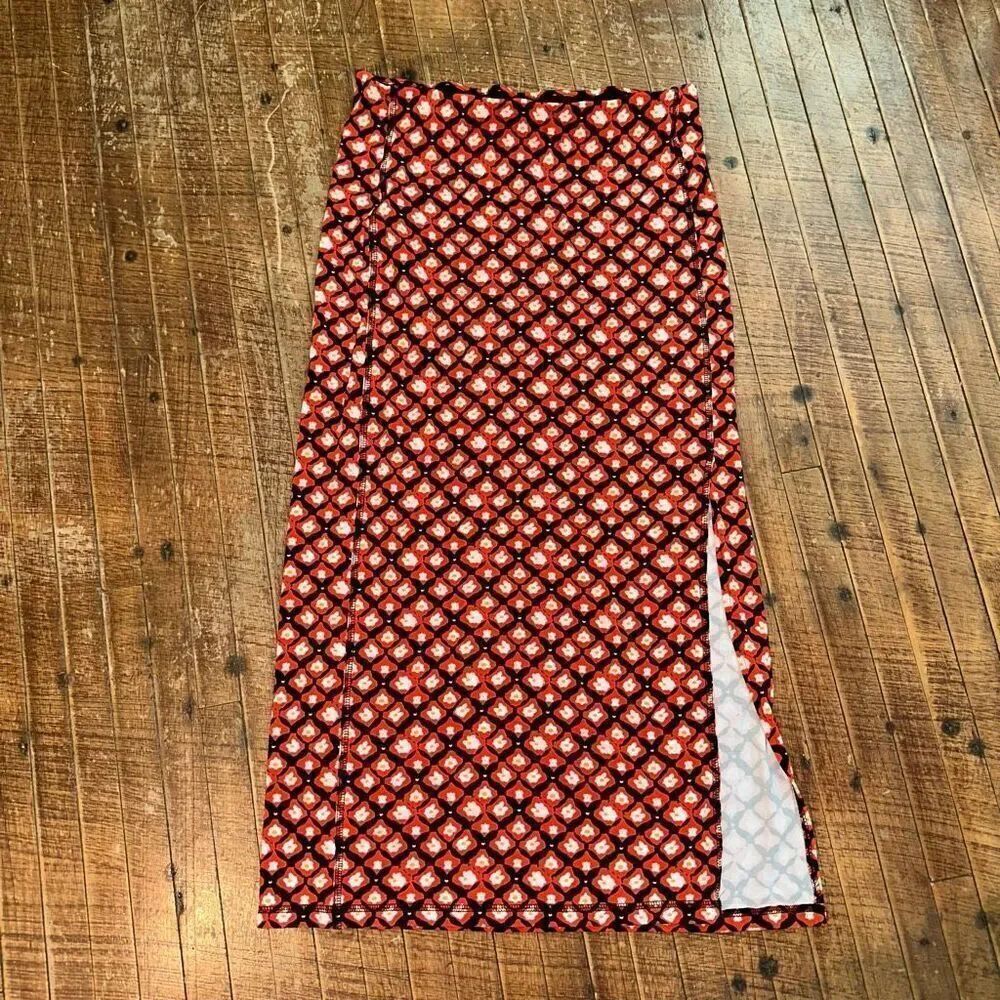 Ann Taylor Loft red floral slit knit S long pencil skirt